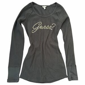 Vintage GUESS Y2K Studded Long Sleeve Top Silver Gold Size Medium